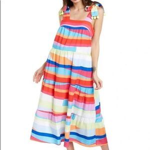 Crosby By Mollie Burch Rainbow Striped Tie-Shoulder Tiered Midi Dress (NWT)